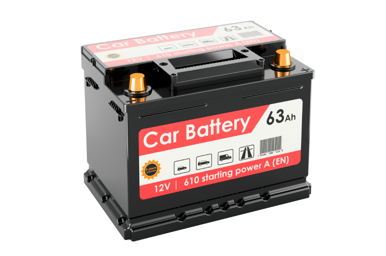 A black car battery for a BMW on a white background.