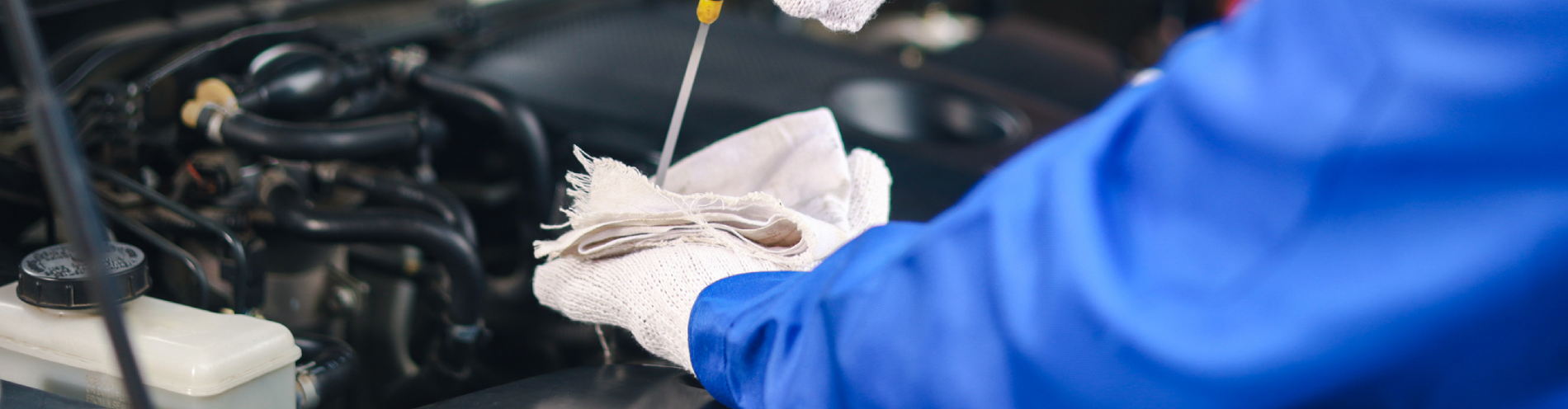Close-up of a car mechanic checking the engine oil.